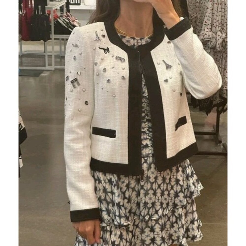 NWT KARL LAGERFELD PARIS TWEED CROPPED JACKET WHITE ICONIC LOGO FULL ZIP SZ 12
